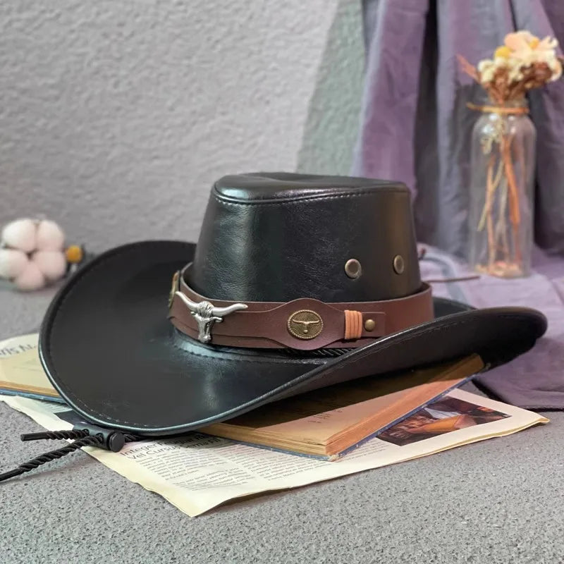 Faux Leather Western Cowboy Hat – Vintage Panama Style for Men & Women