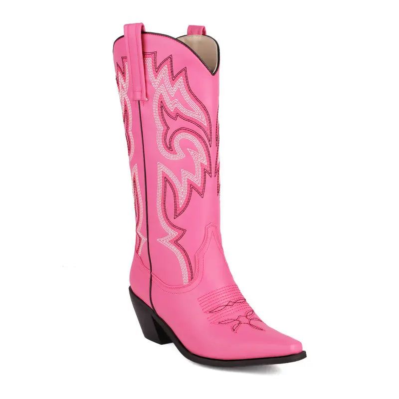 Embroidered Western Cowboy Boots for Women – Pointed Toe Mid-Calf Chunky Heel Boots