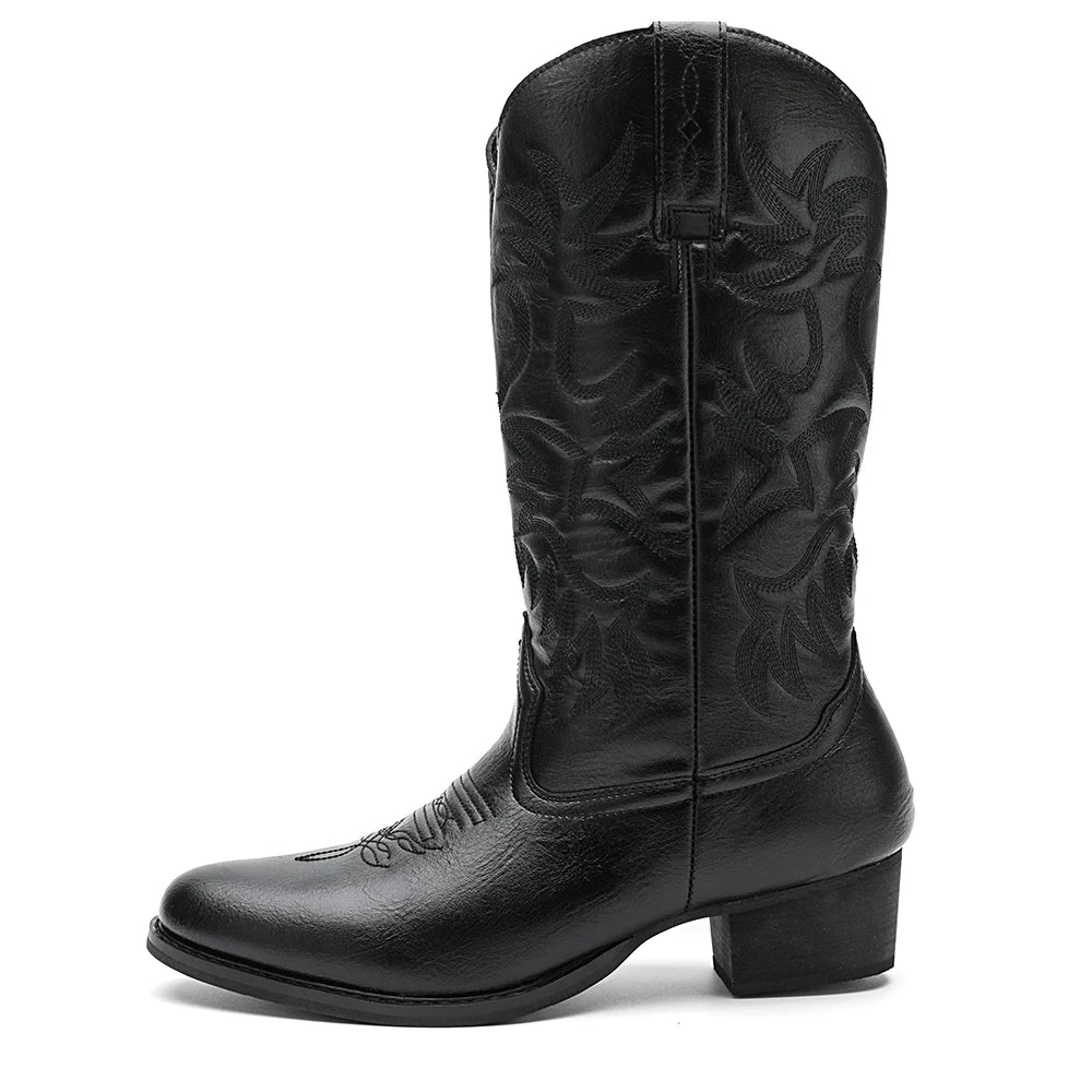 Men’s Heritage Western Cowboy Boots – Round Toe, Embroidered, Wooden Heel Sole
