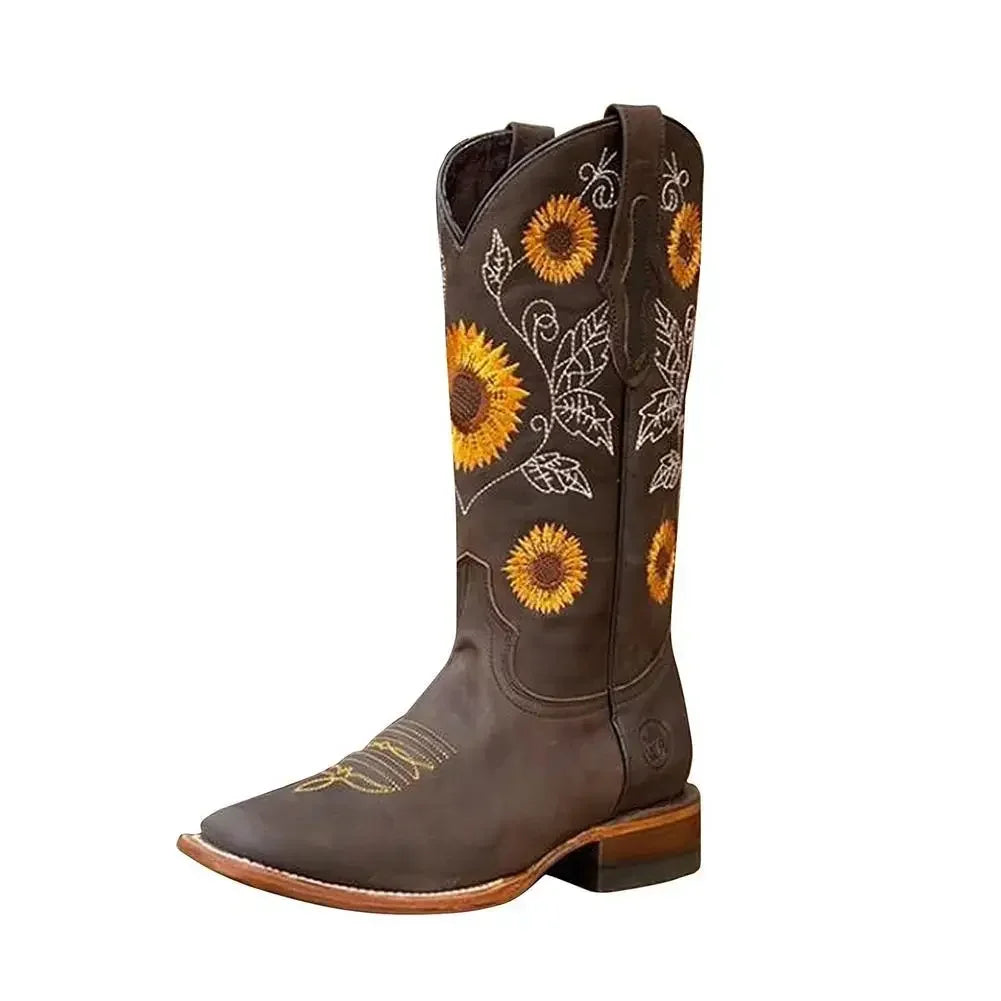 Women’s Coffee Brown Western Cowboy Boots Embroidered Deep V-Mouth