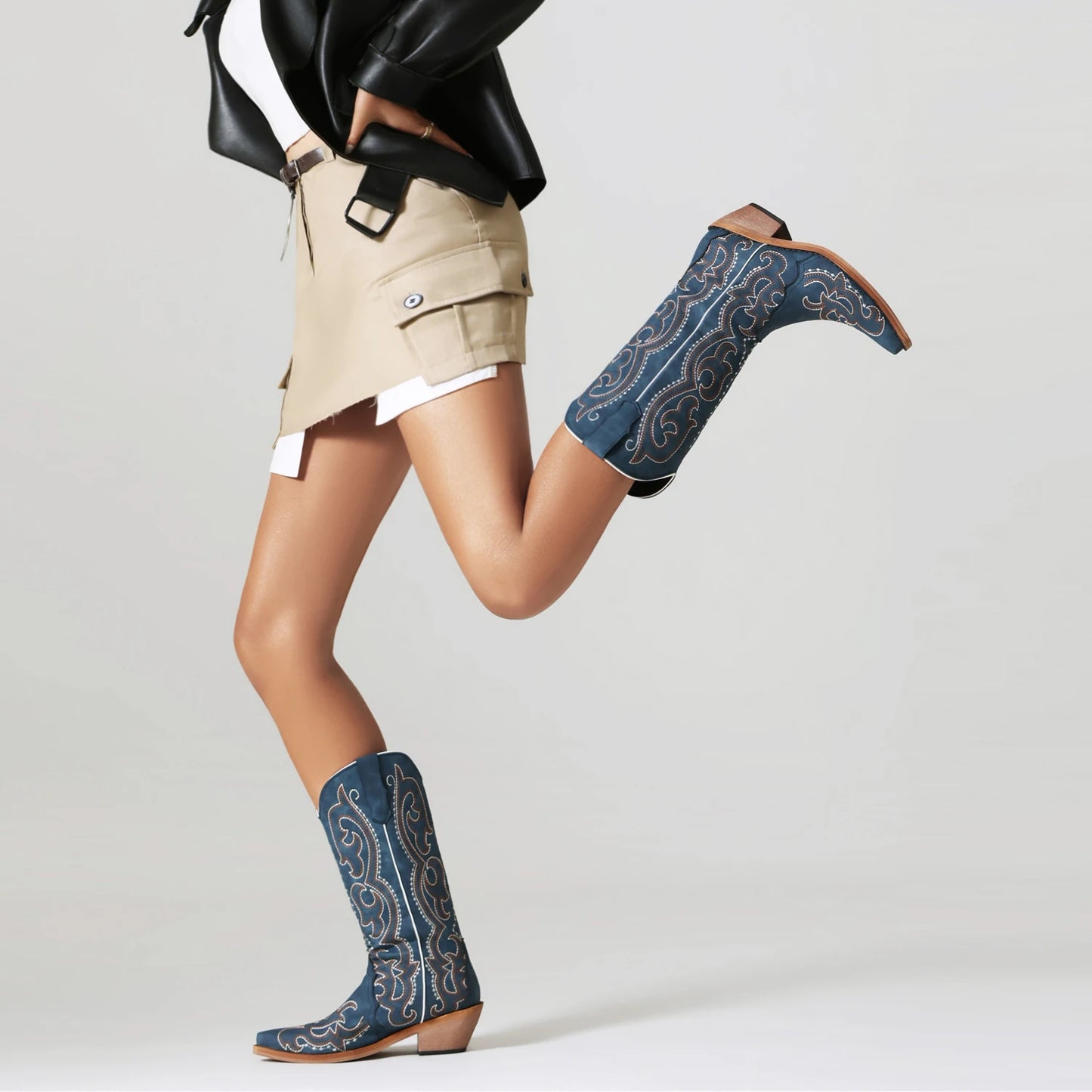 Women’s Blue Western Cowboy Boots Comfortable Wide Calf with Embroidery