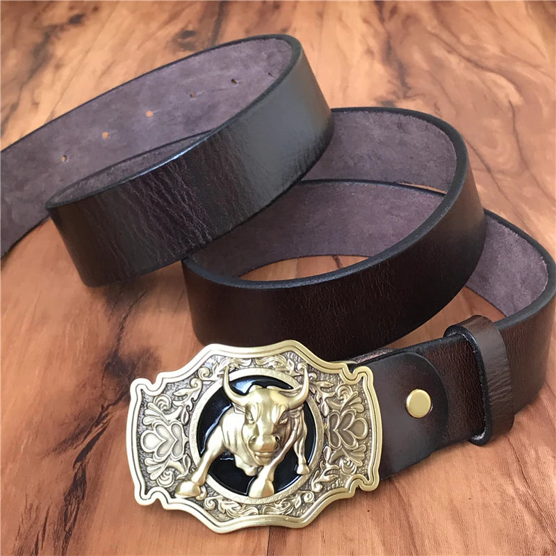 Men’s Genuine Leather Western Belt – Brass Bull Cowboy Buckle