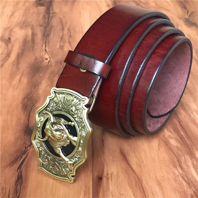 Men’s Genuine Leather Western Belt – Brass Bull Cowboy Buckle