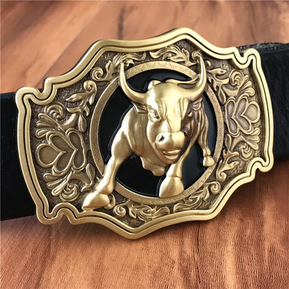 Men’s Genuine Leather Western Belt – Brass Bull Cowboy Buckle