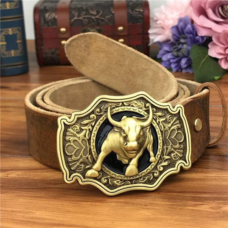 Men’s Genuine Leather Western Belt – Brass Bull Cowboy Buckle