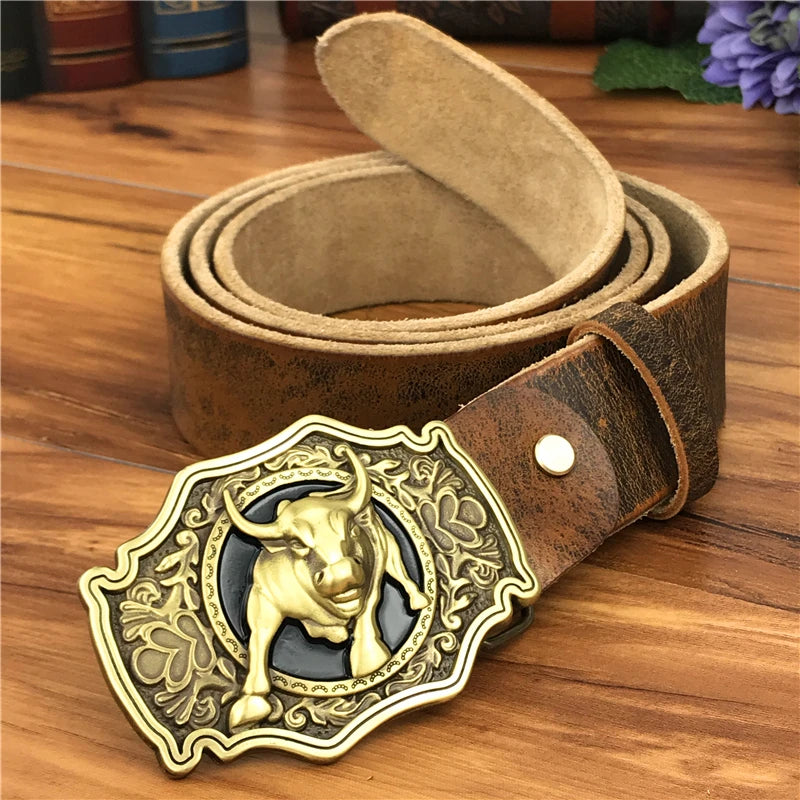 Men’s Genuine Leather Western Belt – Brass Bull Cowboy Buckle