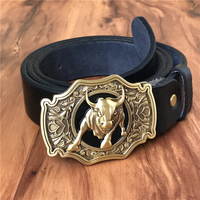 Men’s Genuine Leather Western Belt – Brass Bull Cowboy Buckle