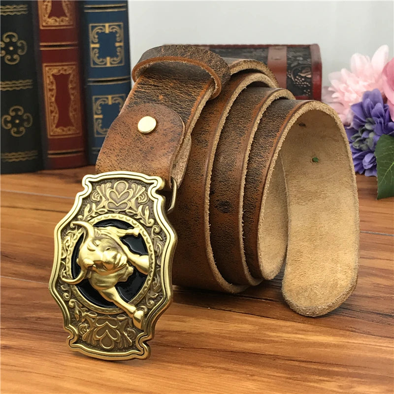 Men’s Genuine Leather Western Belt – Brass Bull Cowboy Buckle