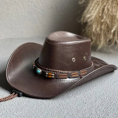 Faux Leather Western Cowboy Hat – Vintage Panama Style for Men & Women
