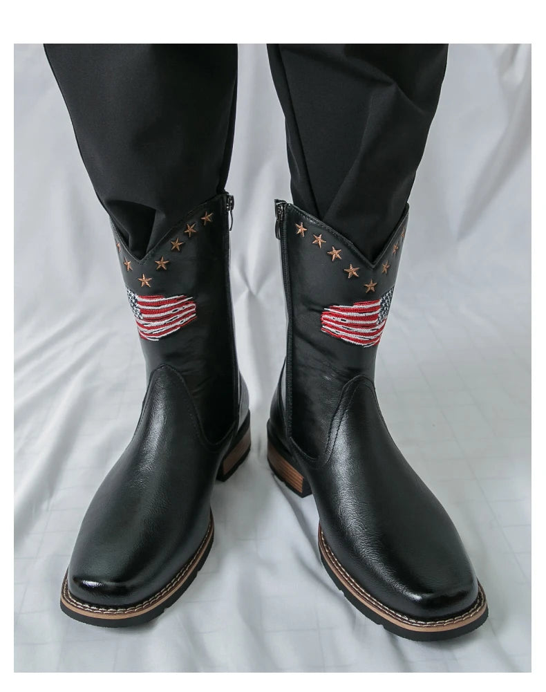 Patriotic Western Cowboy Boots for Men – Vintage Leather Look, Zipper Closure Vegan Leather