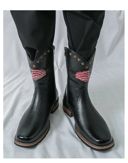 Patriotic Western Cowboy Boots for Men – Vintage Leather Look, Zipper Closure Vegan Leather