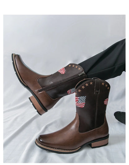 Patriotic Western Cowboy Boots for Men – Vintage Leather Look, Zipper Closure Vegan Leather