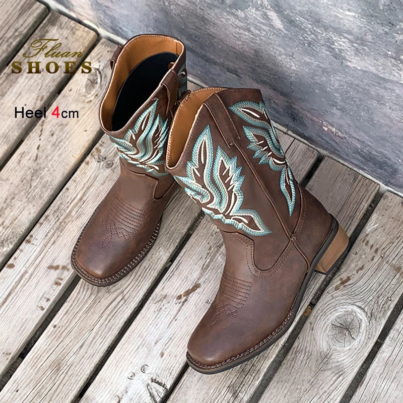 Embroidered Mid-Calf Western Boots for Women – Real Leather