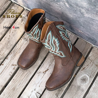 Embroidered Mid-Calf Western Boots for Women – Real Leather