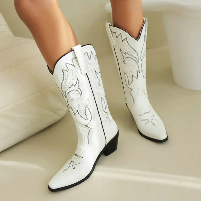 Embroidered Western Cowboy Boots for Women – Pointed Toe Mid-Calf Chunky Heel Boots