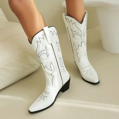 Embroidered Western Cowboy Boots for Women – Pointed Toe Mid-Calf Chunky Heel Boots