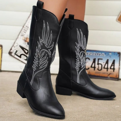 Mid-Calf Women’s Western Cowboy Boots Pointed Toe Retro Fashion