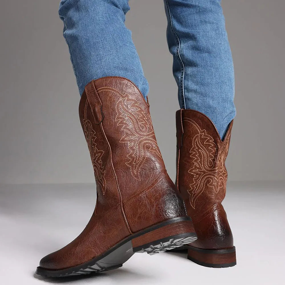 Classic Western Cowboy Boots – Handmade Embroidered Mid-Calf Pull-On Boots Vegan Leather