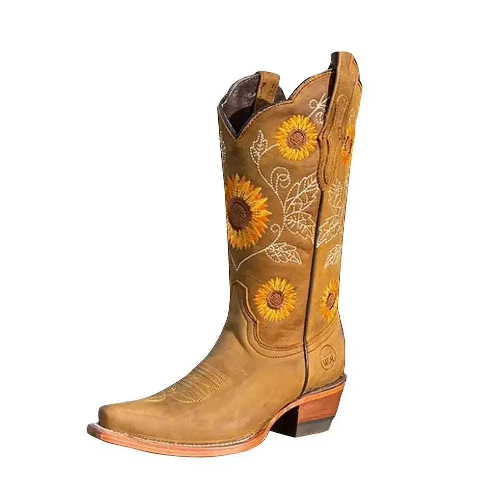 Women’s Coffee Brown Western Cowboy Boots Embroidered Deep V-Mouth