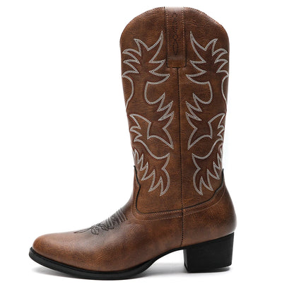 Men’s Heritage Western Cowboy Boots – Round Toe, Embroidered, Wooden Heel Sole