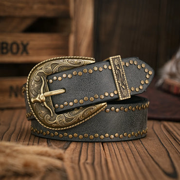 Western Denim PU Leather Belt for Men & Women – Vintage Floral Carved Buckle