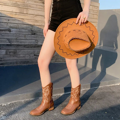Embroidered Mid-Calf Western Boots for Women – Real Leather