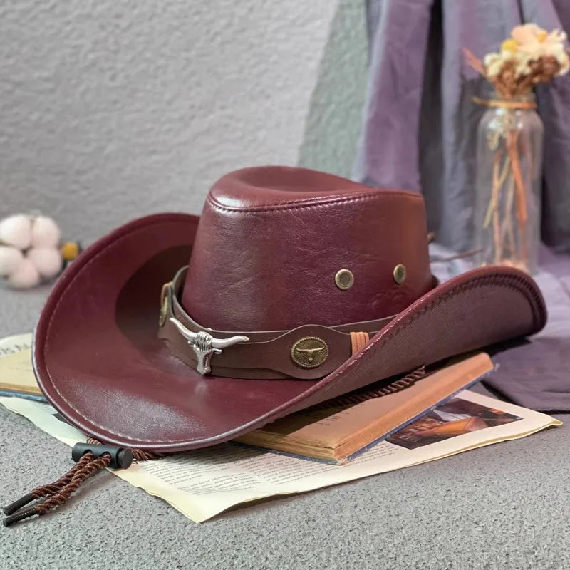 Faux Leather Western Cowboy Hat – Vintage Panama Style for Men & Women
