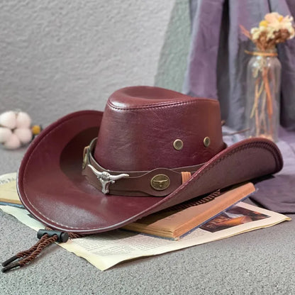 Faux Leather Western Cowboy Hat – Vintage Panama Style for Men & Women