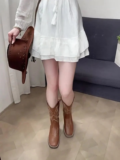 Embroidered Mid-Calf Western Boots for Women – Real Leather