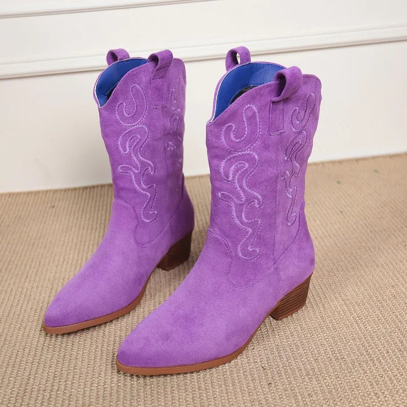 Embroidered Western Cowboy Boots for Women – Pointed Toe, Thick Heel, High Knee
