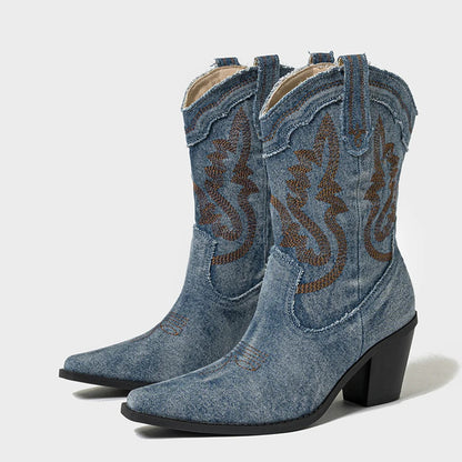 Vintage Embroidered Denim Western Cowboy Boots for Women