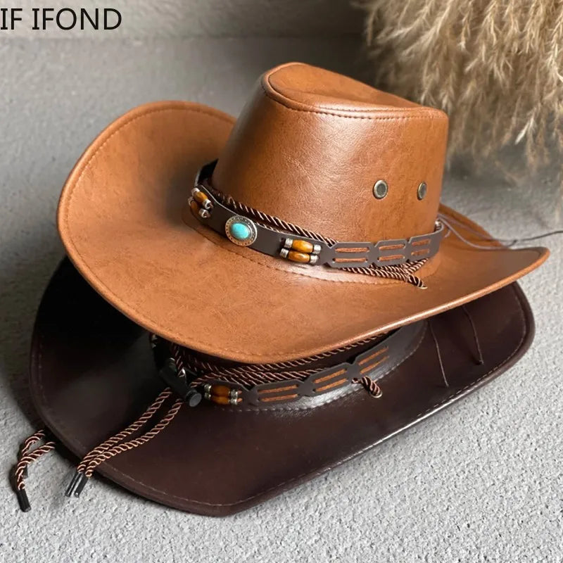 Faux Leather Western Cowboy Hat – Vintage Panama Style for Men & Women