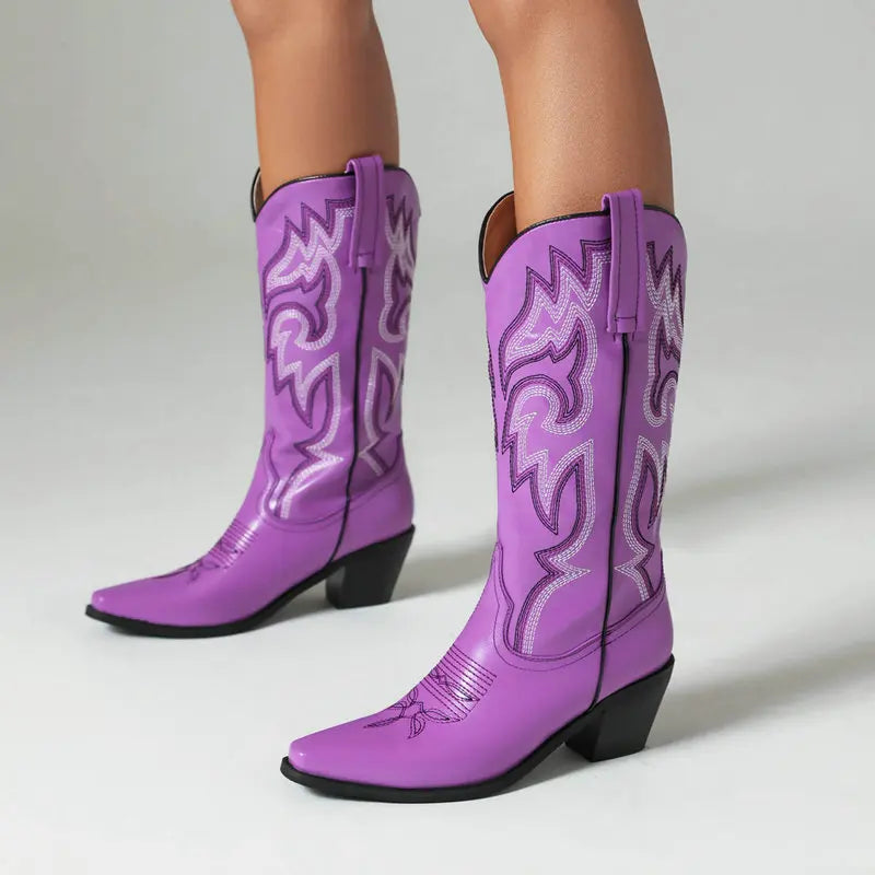 Embroidered Western Cowboy Boots for Women – Pointed Toe Mid-Calf Chunky Heel Boots