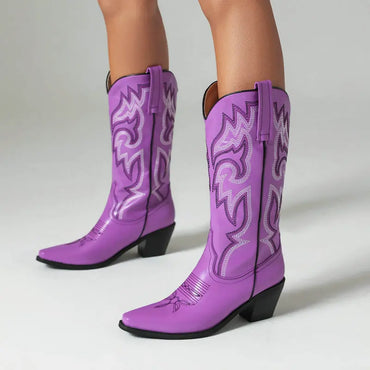 Embroidered Western Cowboy Boots for Women – Pointed Toe Mid-Calf Chunky Heel Boots