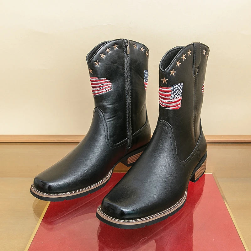 Patriotic Western Cowboy Boots for Men – Vintage Leather Look, Zipper Closure Vegan Leather