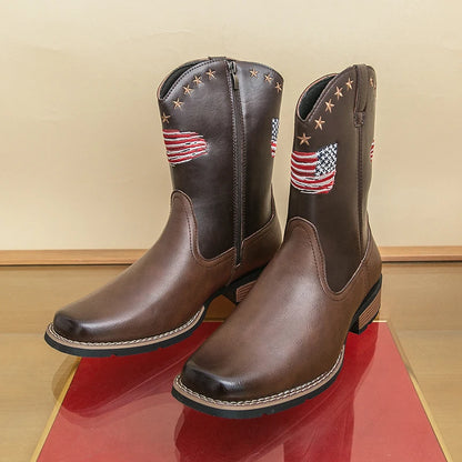 Patriotic Western Cowboy Boots for Men – Vintage Leather Look, Zipper Closure Vegan Leather