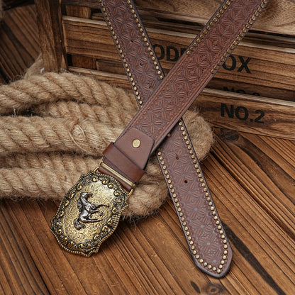 Vintage Western Horse Belt – Unisex PU Leather Belt with Ornate Metal Buckle