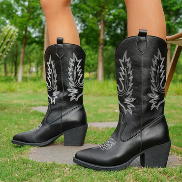 Women’s Western Cowboy Boots Mid-Calf Pointed Toe Embroidered Spring & Fall