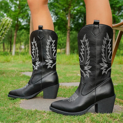 Women’s Western Cowboy Boots Mid-Calf Pointed Toe Embroidered Spring & Fall