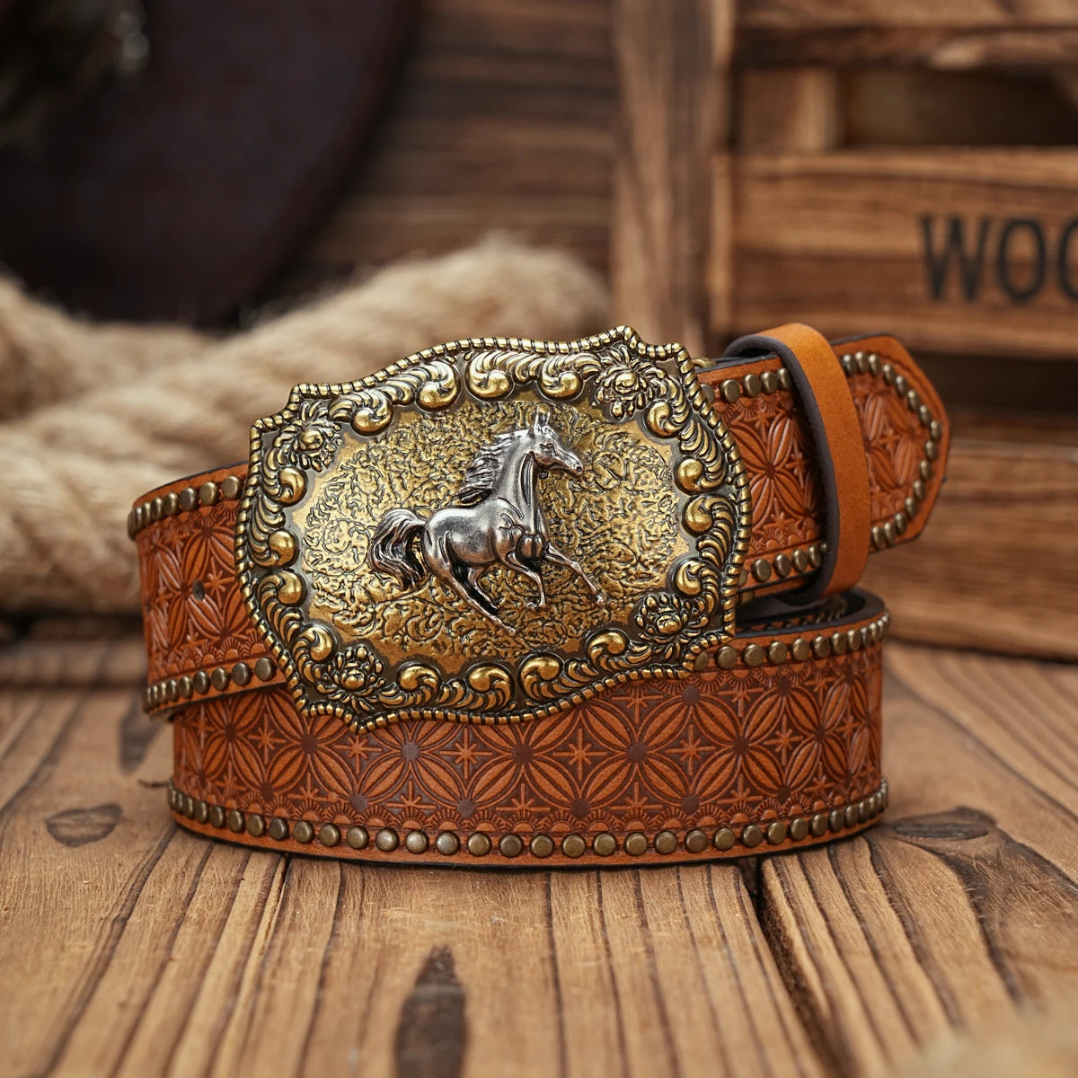 Vintage Western Horse Belt – Unisex PU Leather Belt with Ornate Metal Buckle