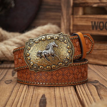 Vintage Western Horse Belt – Unisex PU Leather Belt with Ornate Metal Buckle