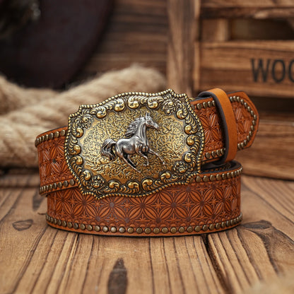 Vintage Western Horse Belt – Unisex PU Leather Belt with Ornate Metal Buckle