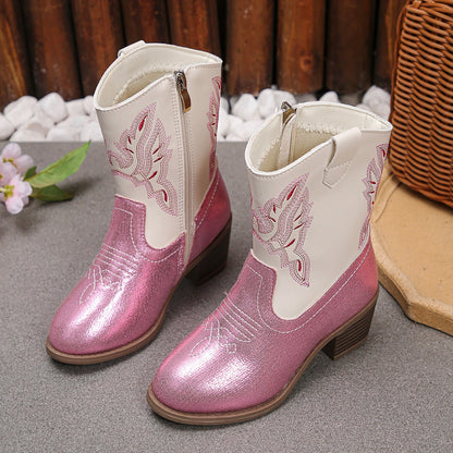 Girls’ Pink & White Glitter Western Cowboy Boots