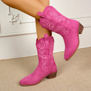 Embroidered Western Cowboy Boots for Women – Pointed Toe, Thick Heel, High Knee