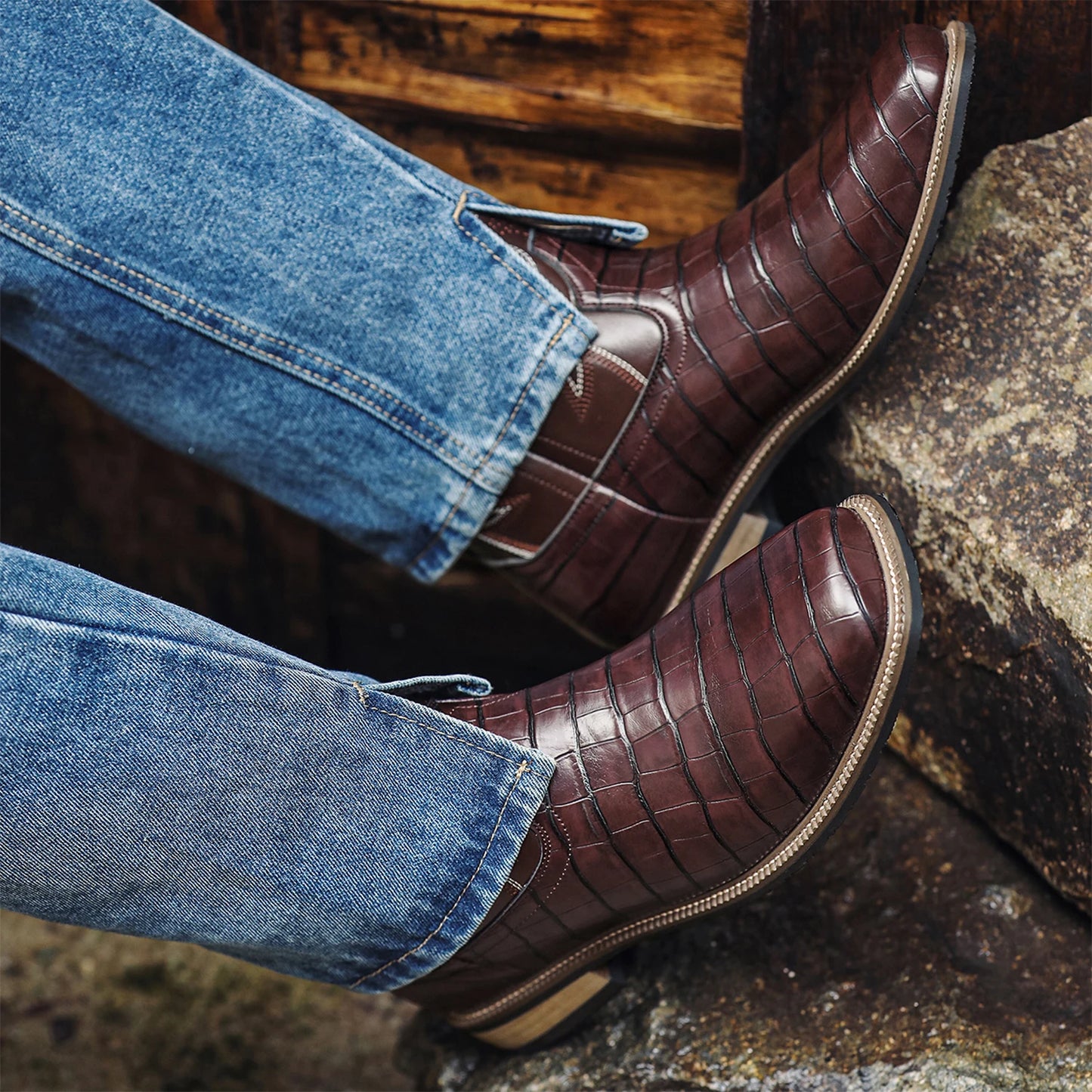 Men’s Western Cowboy Boots – Embroidered Mid-Calf Leather Boots with Square Toe & Chunky Heel