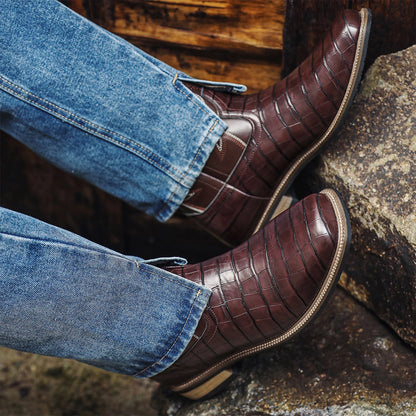 Men’s Western Cowboy Boots – Embroidered Mid-Calf Leather Boots with Square Toe & Chunky Heel