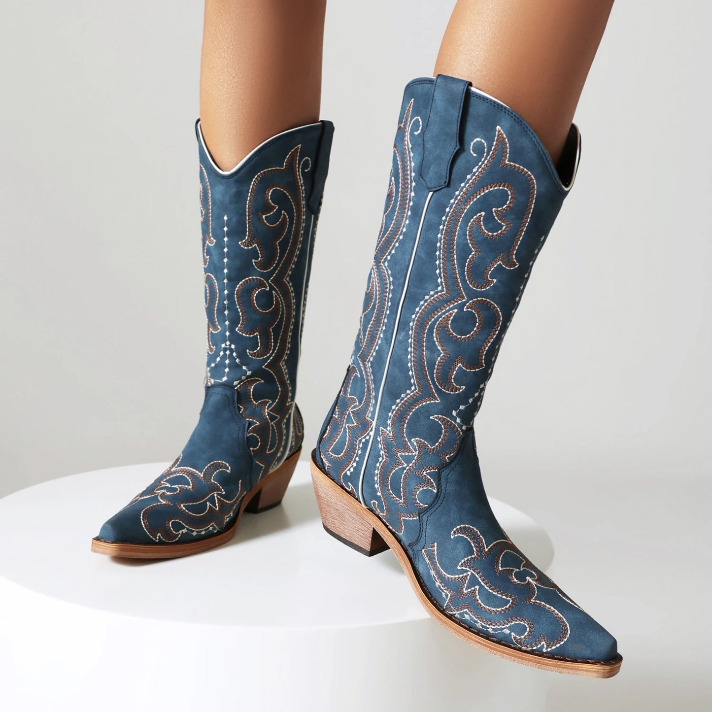 Women’s Blue Western Cowboy Boots Comfortable Wide Calf with Embroidery