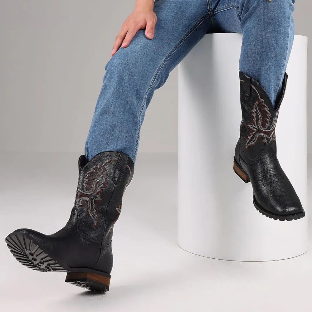 Classic Western Cowboy Boots – Handmade Embroidered Mid-Calf Pull-On Boots Vegan Leather