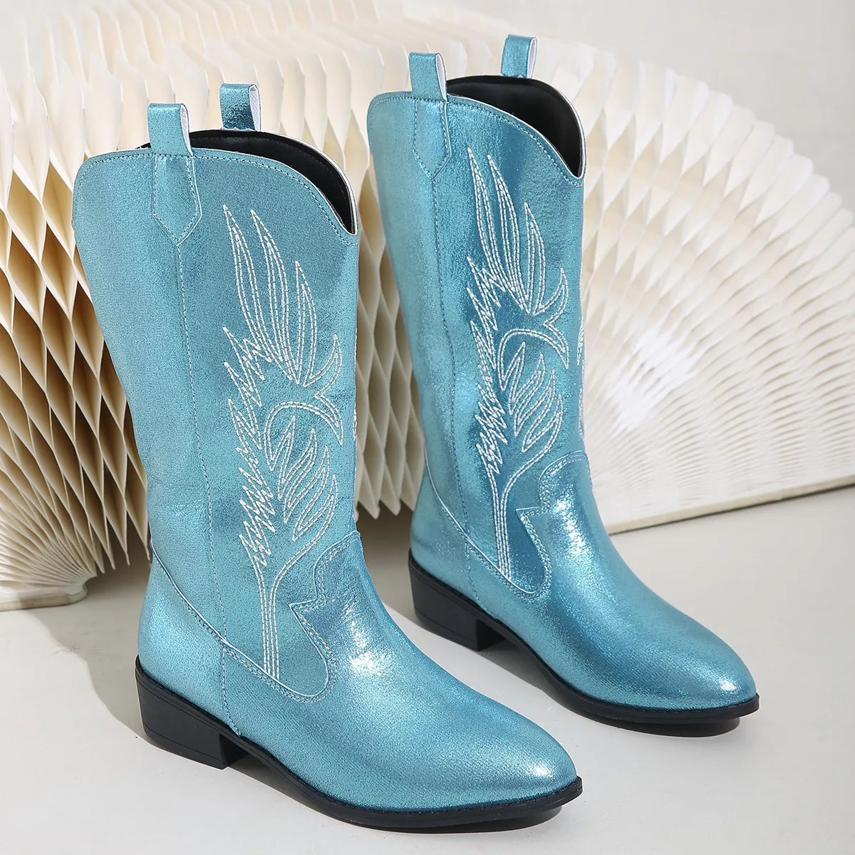 Mid-Calf Women’s Western Cowboy Boots Pointed Toe Retro Fashion