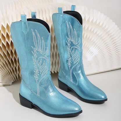 Mid-Calf Women’s Western Cowboy Boots Pointed Toe Retro Fashion